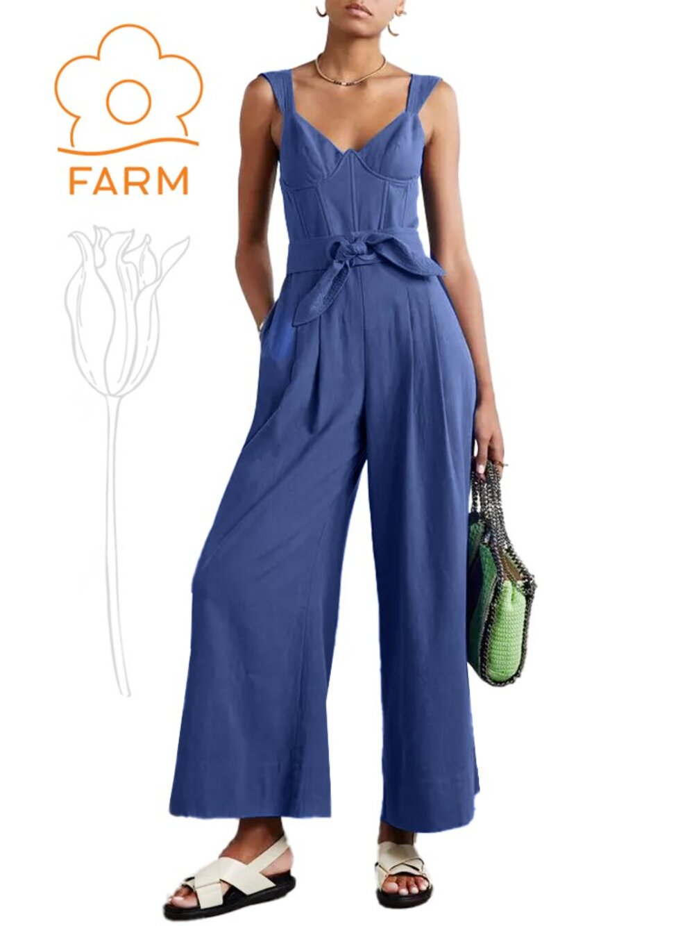 Farm Rio Dark Blue Belted Pleated Linen-Blend Jumpsuit